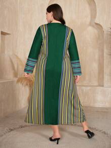 Al Najma Plus Size Women's Geometric Stripe Pattern V Neck Long Sleeve Arabian Dress Kaftan Jalabiya Dress - Multicolor - View 2