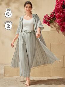 Al Najma Hooded Fringed Hem Open Front Coat And Straight Pants Two Pieces Set 2 Pieces Set - Green - View 7