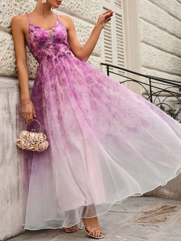 Elegant And Romantic Floral Printed Mesh Spaghetti Strap Wedding Dress With Lace Insert