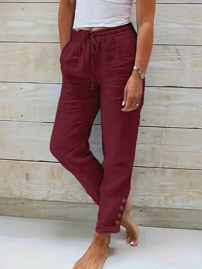 Jisfaneya Wine Red Solid Color Single Pocket Straight Leg Drawstring Pleated Casual Pants, Spring/Summer