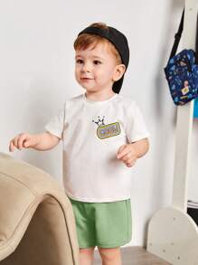SHEIN Bebis Pojkar Tecknad Film Bokstavstryck Runda Hals T-shirts Med Regelbunden Shorts Set - Grön - Visa 8