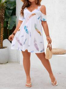 SHEIN VCAY 大碼羽毛印花露肩拼接蕾絲連衣裙 - 彩色 - 查看 4