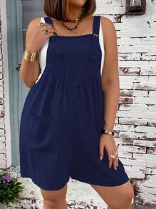 SHEIN LUNE Kích thước lớn Màu thuần Túi đôi Quần yếm Quần short Đối với phụ nữ - Màu xanh hải quân - Xem 3