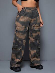SHEIN ICON Kích thước lớn Lỏng lẻo Giò thẳng Quần jean Với Chặn màu Flip Túi - Nhiều màu - Xem 4