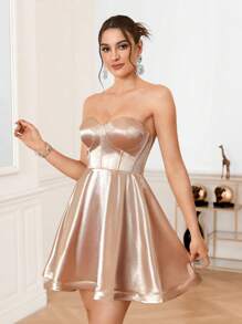 SHEIN Belle Solid Satin Strapless Prom Dress - Apricot - View 4