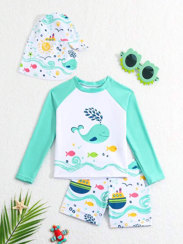 Young Boy's Printed Color Block Rash Guard Swimwear Set With Cap, Long Sleeve Bathing Suit Beach Outfit Rash Guard Summer Vacation Kids Swimming ,Kids Beachwear