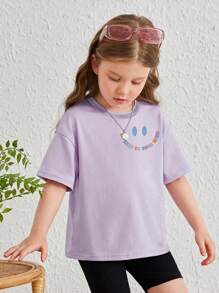 少女們可愛的休閒印花短袖t恤,有卡通和標語印花 - 淡紫色 - 查看 2