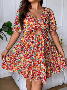 Breezaya Talla Grande Vestido Con Estampado Floral De Flor Completa, Manga Corta Con Volantes Entrecruzados Y Recortes