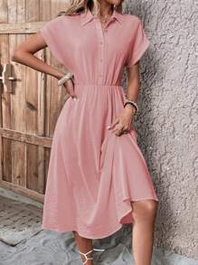 SHEIN Clasi 女性優雅夏日a字短袖衣領禮服 - 粉色 - 查看 4