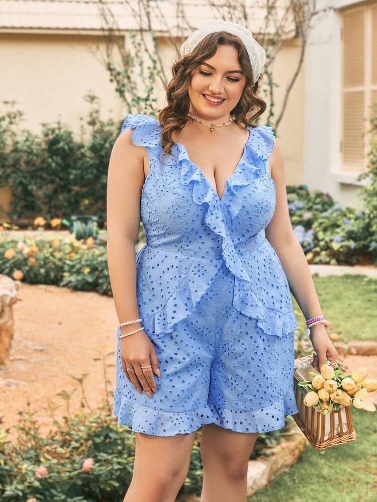 Plus Size Women's Ruffle Collar Burnt-Out Flower Embroidery Romper