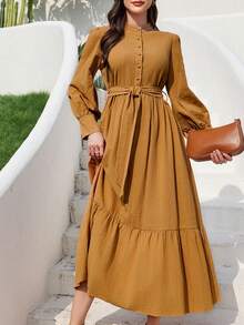 Mulvari 女式灯笼袖立领阿拉伯连衣裙 - 黃色 - 查看 4