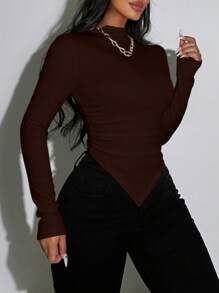 Zolique Solid Color Stand Collar Asymmetrical Hem Long Sleeve T-Shirt