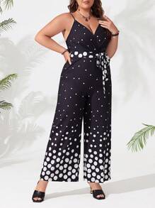 SHEIN Clasi 加大碼波點印花肩帶連身褲 - 黑色 - 查看 3