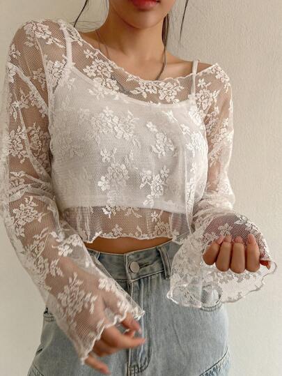 DAZY Women's Solid Color Sheer Lace Top Going Out Tops Summer Long Sleeve Women Tops