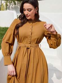 Mulvari 女式灯笼袖立领阿拉伯连衣裙 - 黃色 - 查看 7