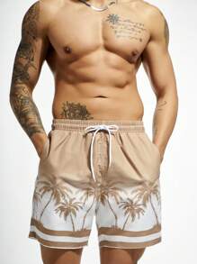 Manfinity KASUA Men's Palm Tree Printed Drawstring Waist Beach Shorts