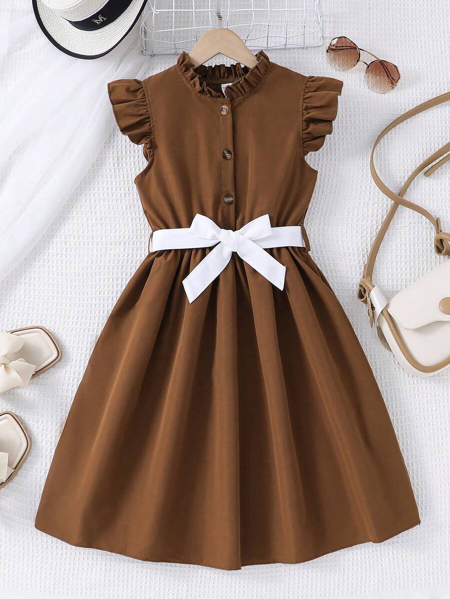 SHEIN 少女立领短袖连衣裙，带荷叶边装饰 - 咖啡棕 - 查看 1