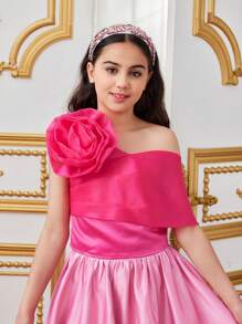 SHEIN Tween Girl Dễ Thương Hoa Lớn Trang Trí Áo Một Vai Bất Đối Xứng - Màu Hồng Tươi - Xem 1