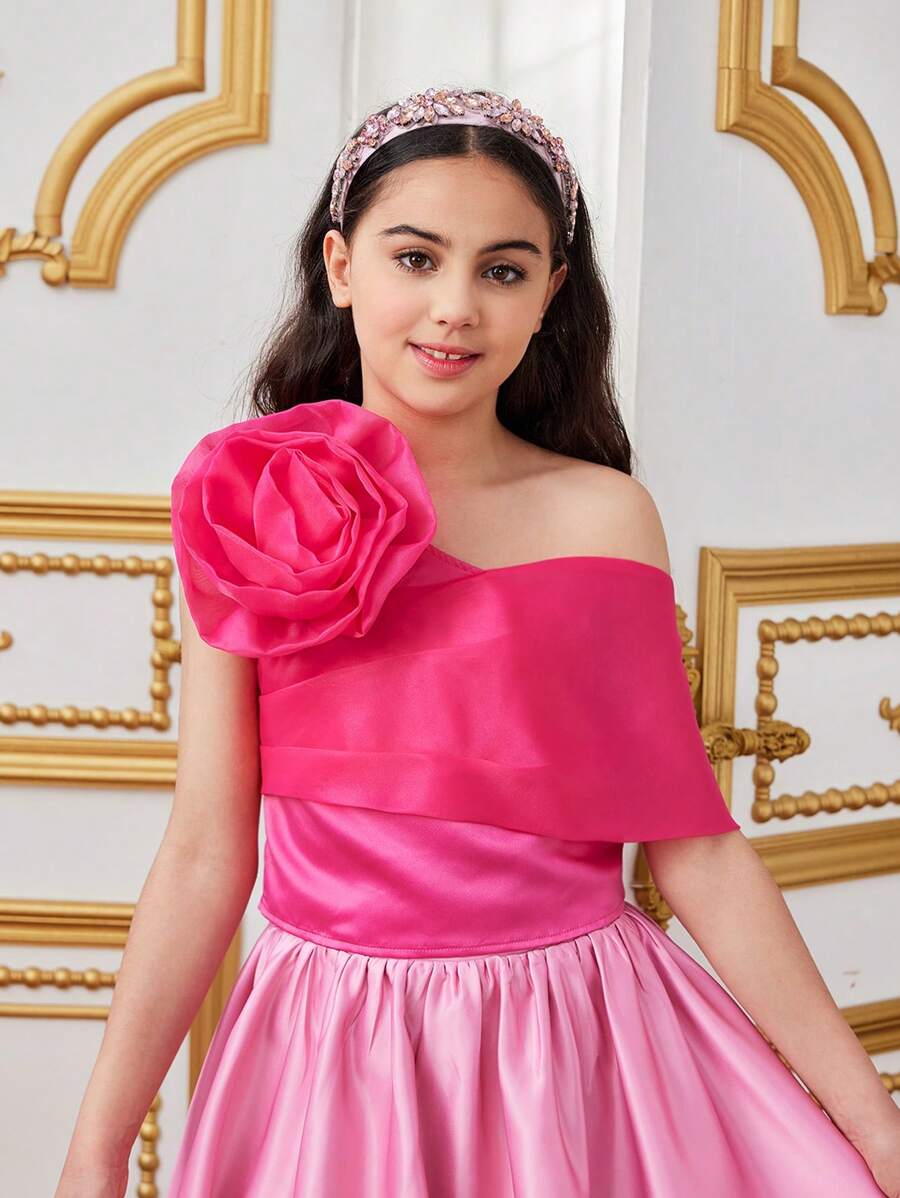 SHEIN Tween Girl Dễ Thương Hoa Lớn Trang Trí Áo Một Vai Bất Đối Xứng - Màu Hồng Tươi - Xem 1