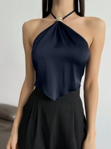 Aloruh Metal Decorated Asymmetrical Hem Tie Back Halter Neck Top - Navy Blue - View 4