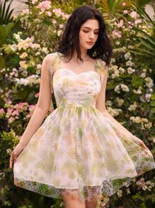 Aveloria Rosie Women's Floral Printed Contrast Mesh Halter-Neck Dress - Multicolor - View 6