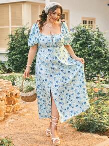 Dreamara Plus Size Women's Side Slit Short Bubble Sleeve Dress With All-Over Floral Print - Blue - View 6