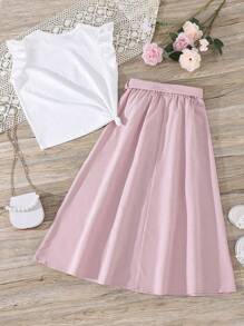 SHEIN Tween Girl Figure Print Tee & Belted Button Front Skirt - Multicolor - View 2