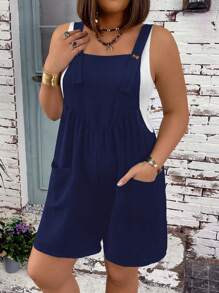 SHEIN LUNE Kích thước lớn Màu thuần Túi đôi Quần yếm Quần short Đối với phụ nữ - Màu xanh hải quân - Xem 1