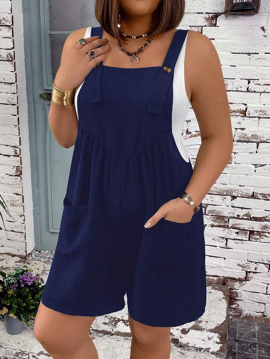 SHEIN LUNE Kích thước lớn Màu thuần Túi đôi Quần yếm Quần short Đối với phụ nữ - Màu xanh hải quân - Xem 1