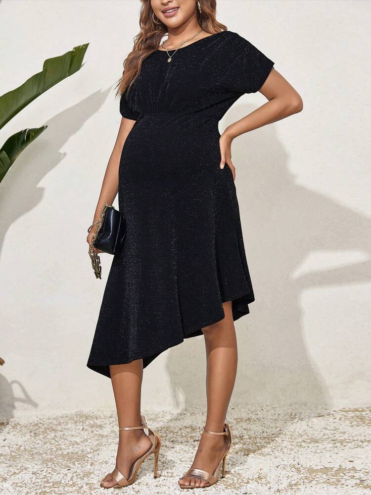 Maternity Glitter Batwing Sleeve High Waist Asymmetric Hem Dress
