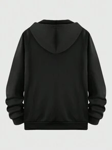 ROMWE MEN Prep Men's High Street Vintage Printed Hooded Plush Sweatshirt With Full Zipper, Suitable For Autumn And Winter - Black - View 2