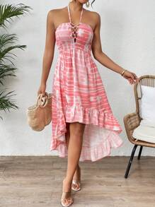 Breezaya Tie Dye Halter Neck Dress With Ruffle Hem - Watermelon Pink - View 3