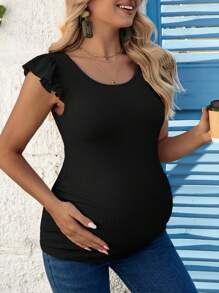SHEIN 孕婦圓領荷葉邊袖口修身t卹 - 黑色 - 查看 2