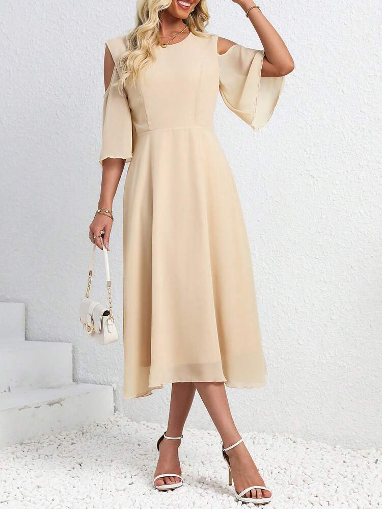 Solid Color Open Shoulder Cinched Waist Dress