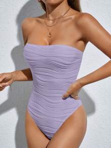 SHEIN PETITE 實色緊身無肩帶連體衣 - 紫色 - 查看 5