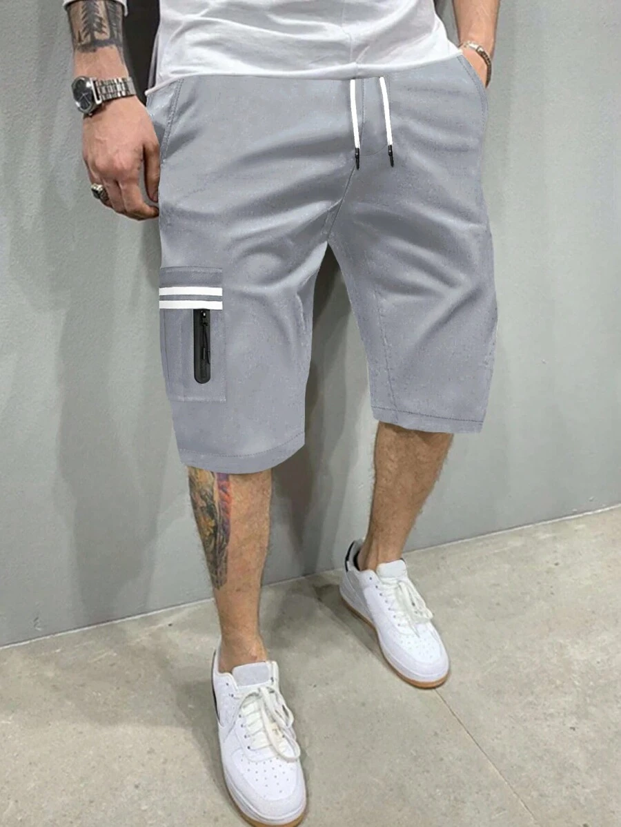 Manfinity Homme Men Striped Print Drawstring Waist Flap Pocket Cargo Shorts - Light Grey - View 1