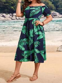 SHEIN Clasi Plus Size Boho Tropical Printed Off Shoulder Romper, For Summer - Multicolor - View 3