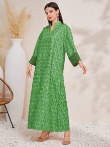 Al Najma 女士綠色印花長袍寬鬆阿拉伯長袍 - 綠色 - 查看 4