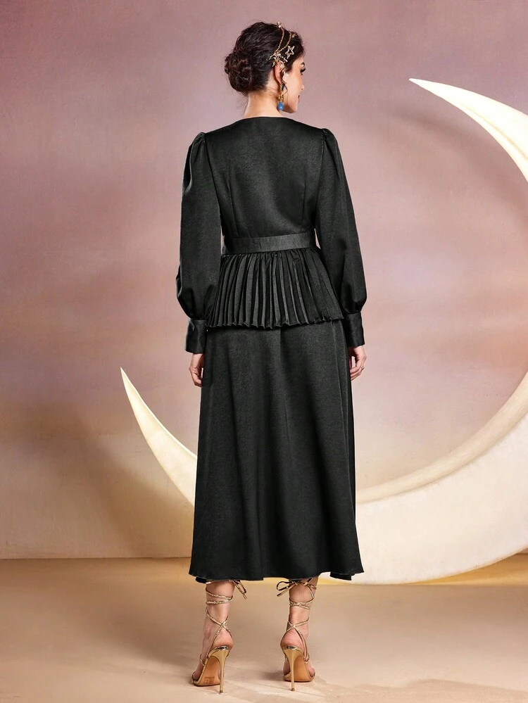 Women's Floral Patterned Lantern Sleeve Pleated Hem Shirt And Skirt Set 2 Pieces Set