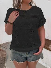 SHEIN LUNE Kích thước lớn Vòng cổ Màu thuần Giải trí Ngắn tay Áo sơ mi - màu đen - Xem 4