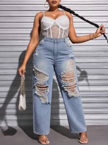 SHEIN SXY Kích thước lớn Rách Lỏng lẻo Quần jean - Rửa nhẹ - Xem 3