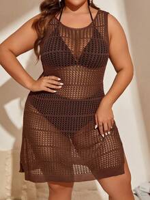 SHEIN Swim Curve Váy có cổ tròn không tay có kích thước lớn dành cho nữ - Cà phê nâu - Xem 4