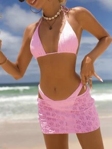 Swim Mod 3pcs/Set Ladies' Solid Color Halter Strap Bikini Set, Summer Beach - Pink - View 4