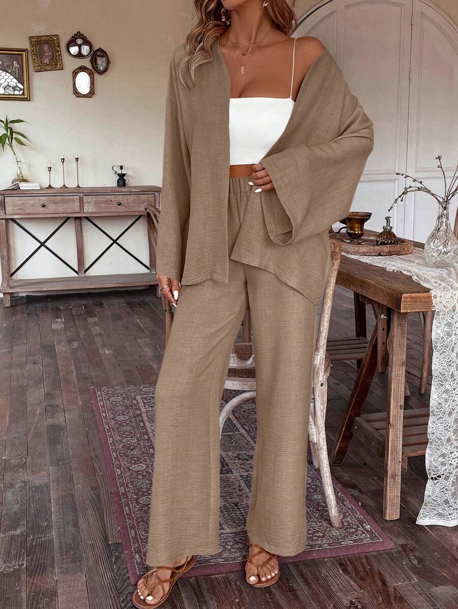EMERY ROSE 2pcs Women Linen Jacket And Linen Wide Leg Pants Set, Spring/Summer - Khaki - View 1