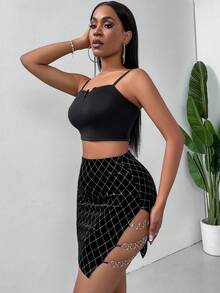 SHEIN Privé Của phụ nữ Pha lê Kẻ sọc Bên Khe Váy midi - màu đen - Xem 5