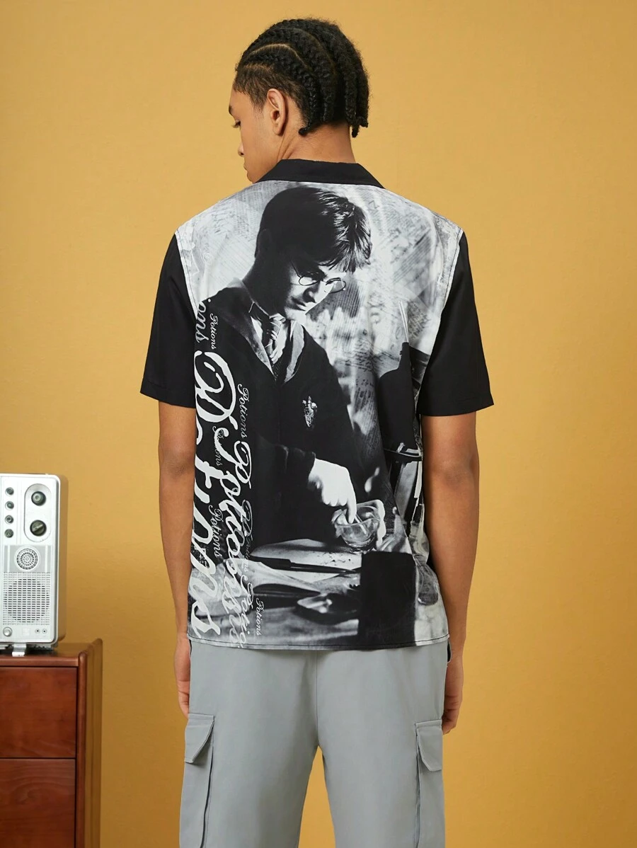 HARRY POTTER X SHEIN Men 1pc Casual Integrated Weave Character Print Short Sleeve Lapel Collar Shirt