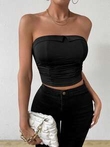 SHEIN Privé Women's Strapless Ruched Slim Fit Elegant Top - Black - View 5