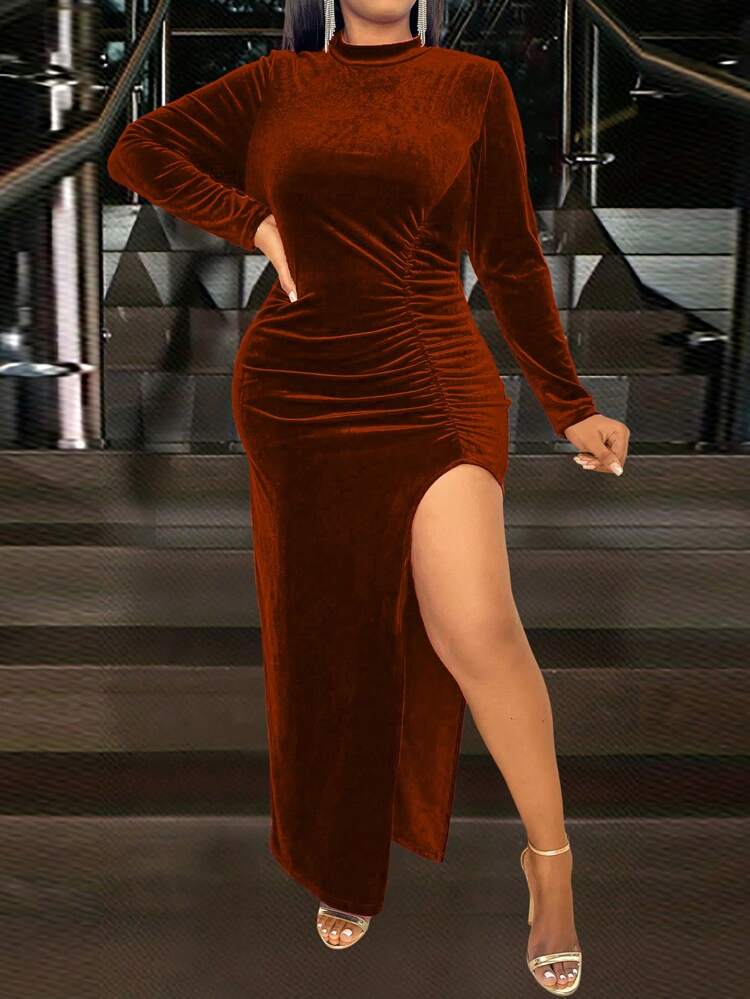 Plus Size Solid Color Pleated High Split Dress