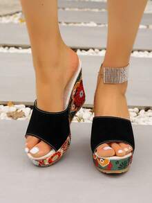 Dép xỏ ngón Wedge Peep Toe in phong cách nữ cỡ lớn - màu đen - Xem 1