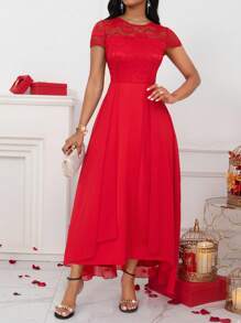 Lyxana 蕾丝拼接不对称下摆连衣裙新年衣服长款女装 - 紅色 - 查看 5